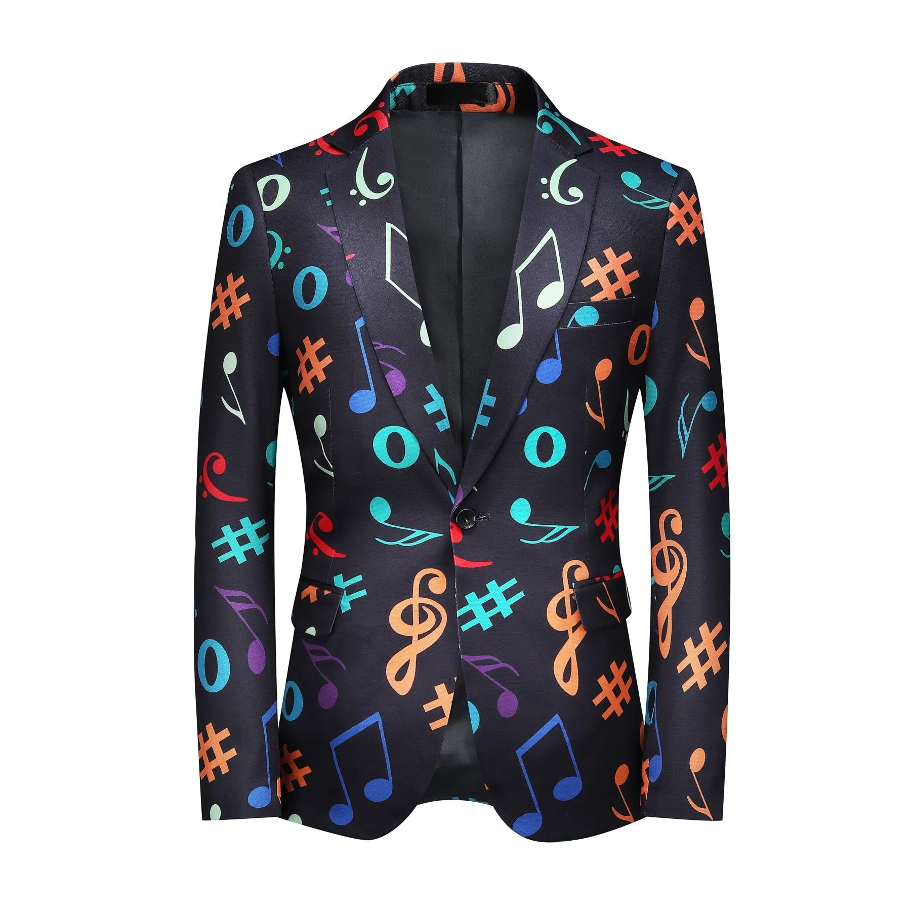 2-Piece Men's Black Music Notes Printed Suit