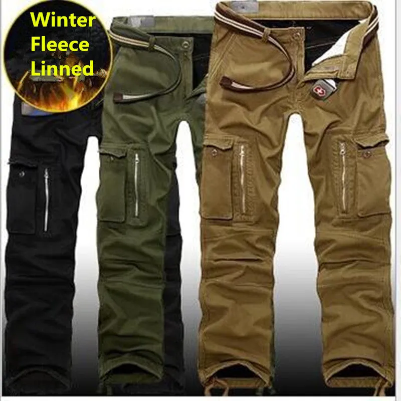 29-40 Plus Size Men Cargo Pants Winter Thick Warm Pants Full Length Multi Pocket Casual Military Bag