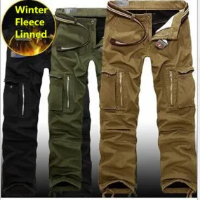 29-40 Plus Size Men Cargo Pants Winter Thick Warm Pants Full Length Multi Pocket Casual Military Bag