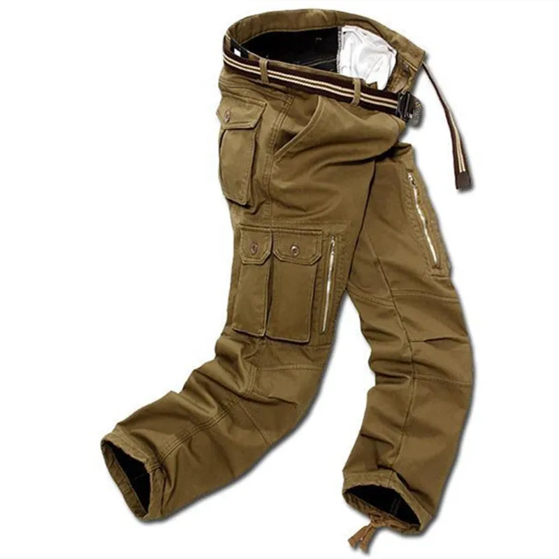 29-40 Plus Size Men Cargo Pants Winter Thick Warm Pants Full Length Multi Pocket Casual Military Bag