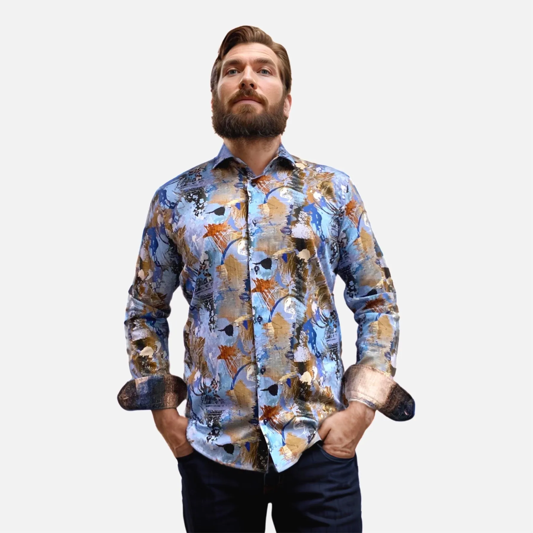 7 Downie St Men's Long Sleeve Blue Fashions Shirt | Clearance