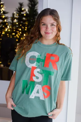 {ABSTRACT MERRY CHRISTMAS} Green Crew Neck Tee