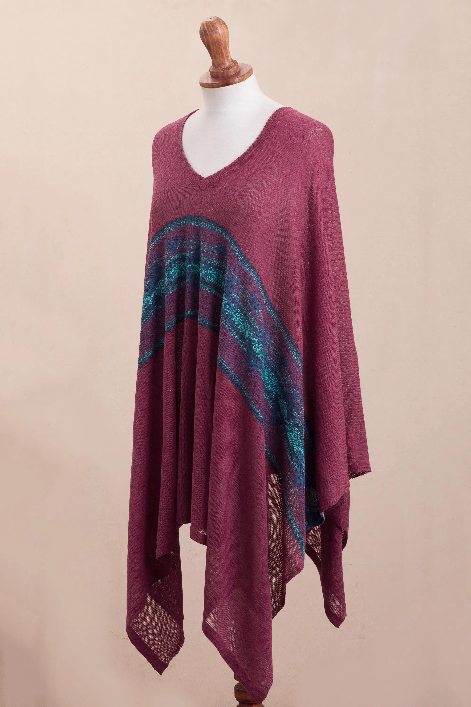 Andean Charm Cotton Blend Poncho in Cerise and Blue from Peru