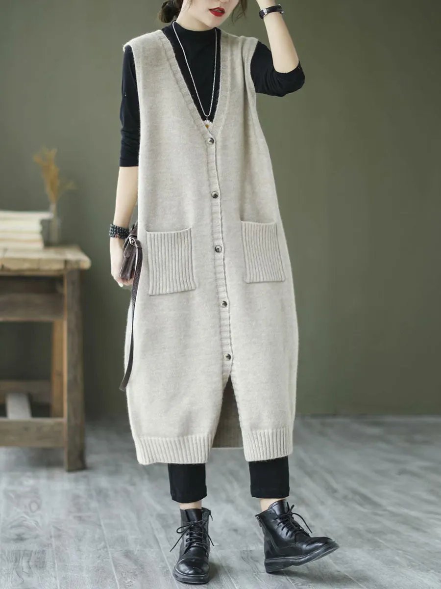 Artsy Solid Knitted Long Vest Sleeveless Sweater