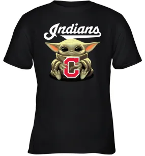 Baby Yoda Hugs Loves The Cleveland Indians Baseball Youth T-Shirt