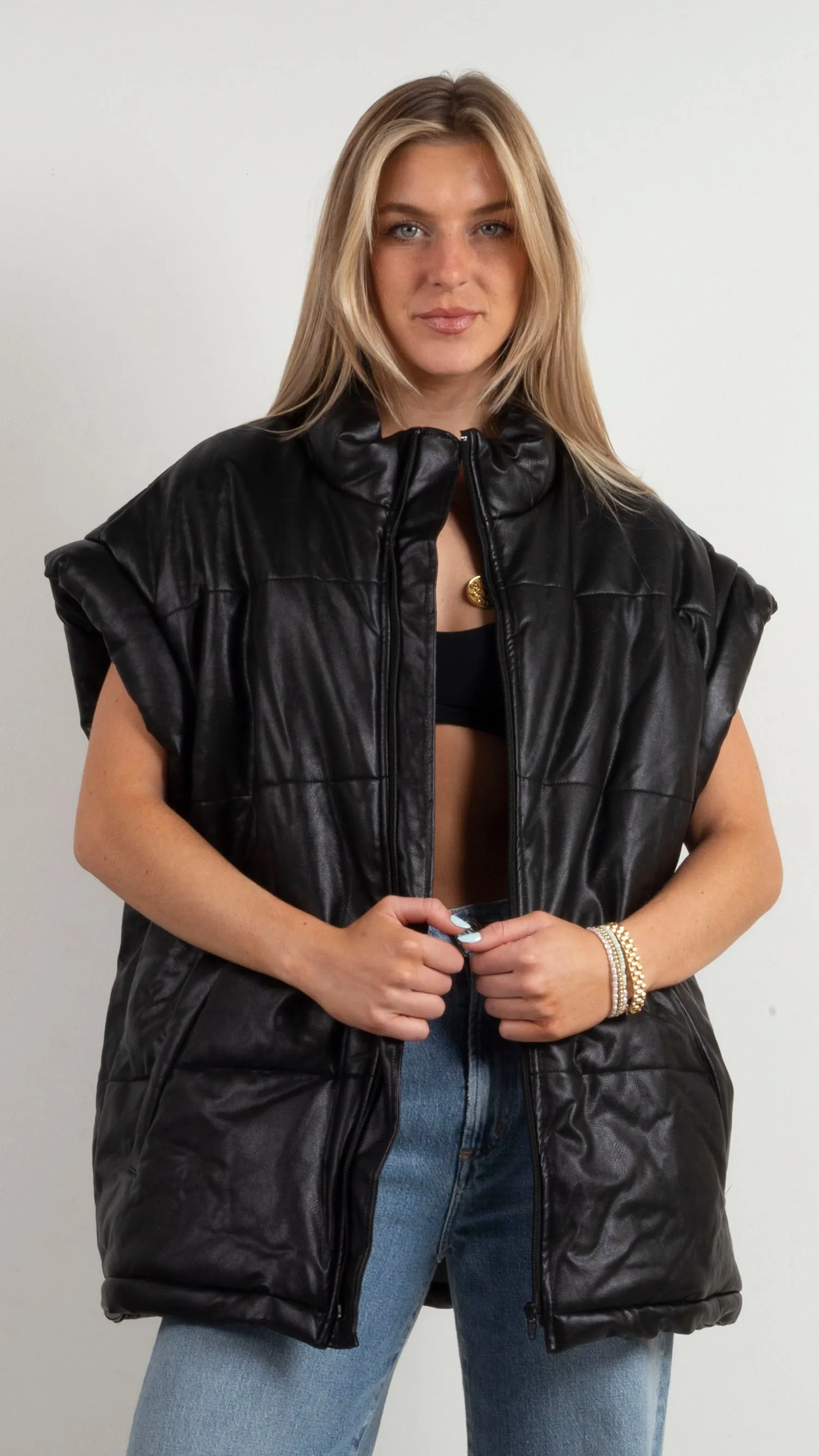 Bianca Oversized Faux Leather Vest - Black