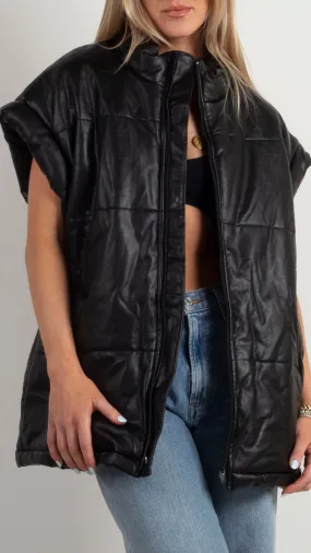 Bianca Oversized Faux Leather Vest - Black