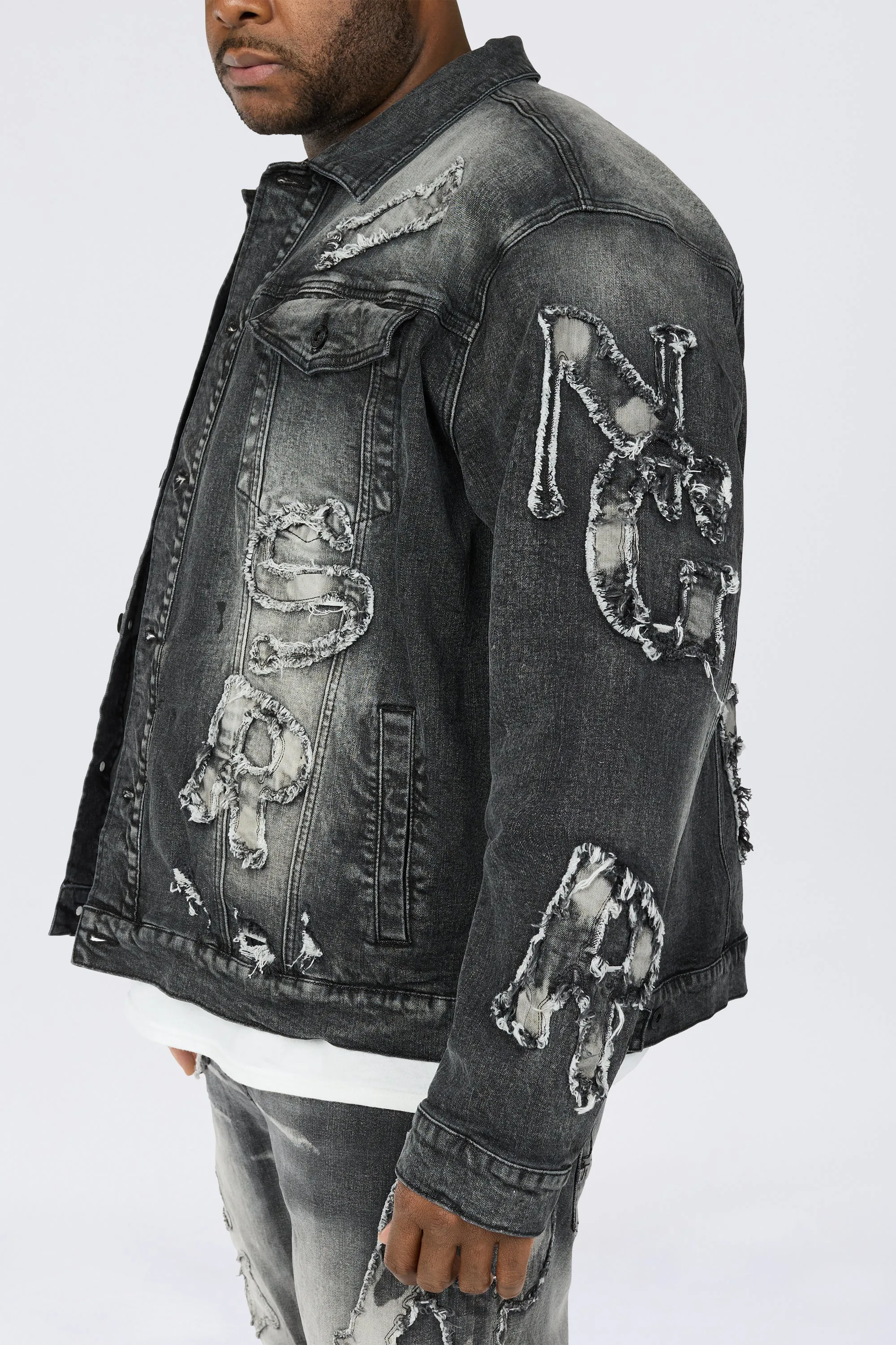 Big and Tall - Cut & Sewn Rip Off Letter Applique Jean Jacket - Black Lava