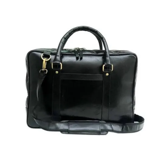 Black Leather Laptop Bag - Dual Zipper Compartment