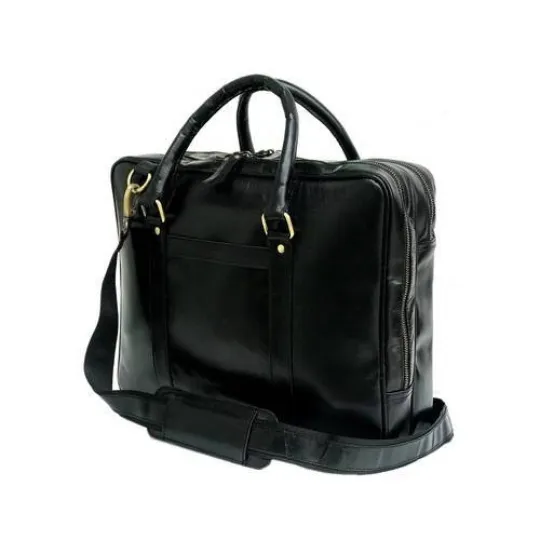 Black Leather Laptop Bag - Dual Zipper Compartment