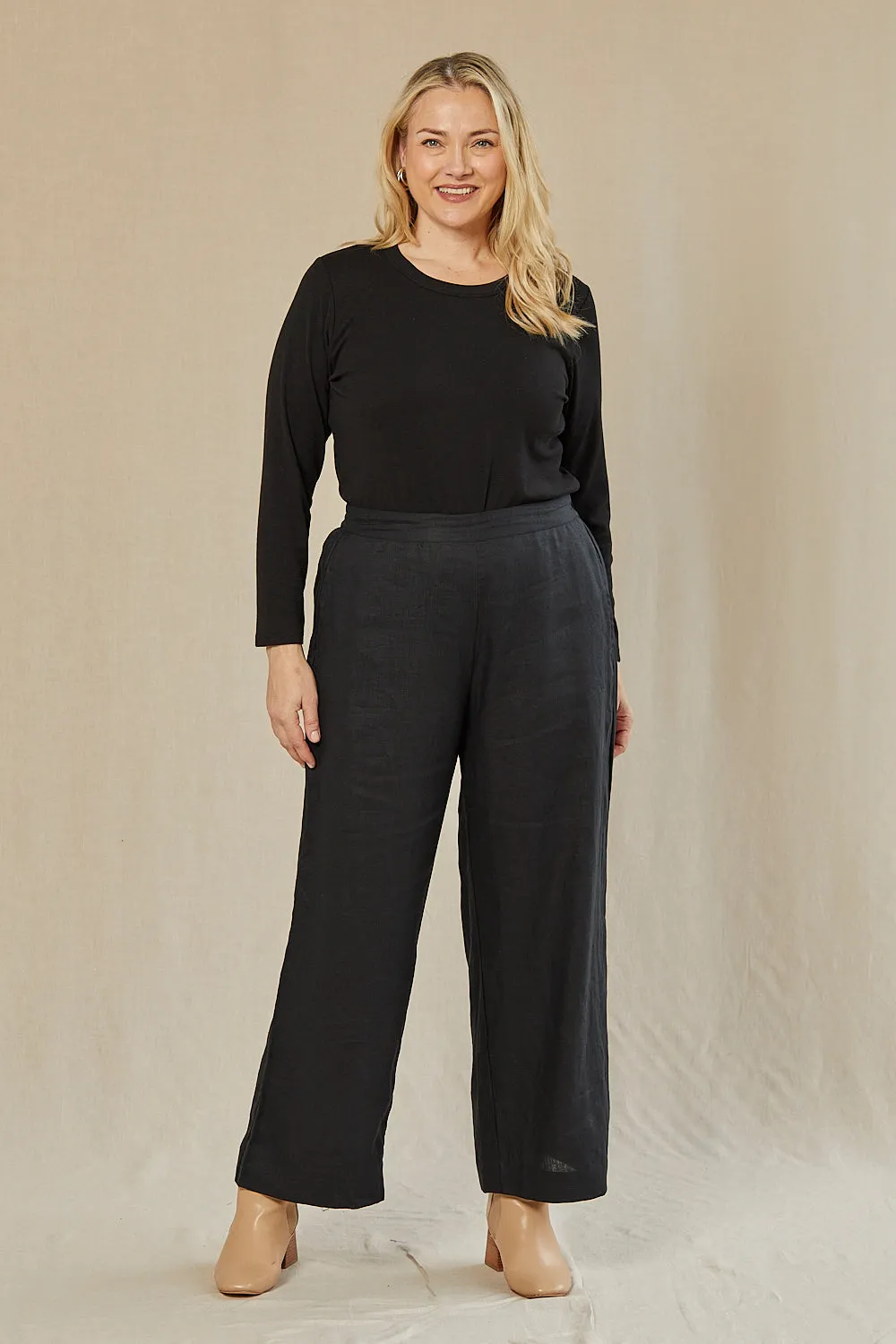 Camille Linen Wide Leg Pant in Black