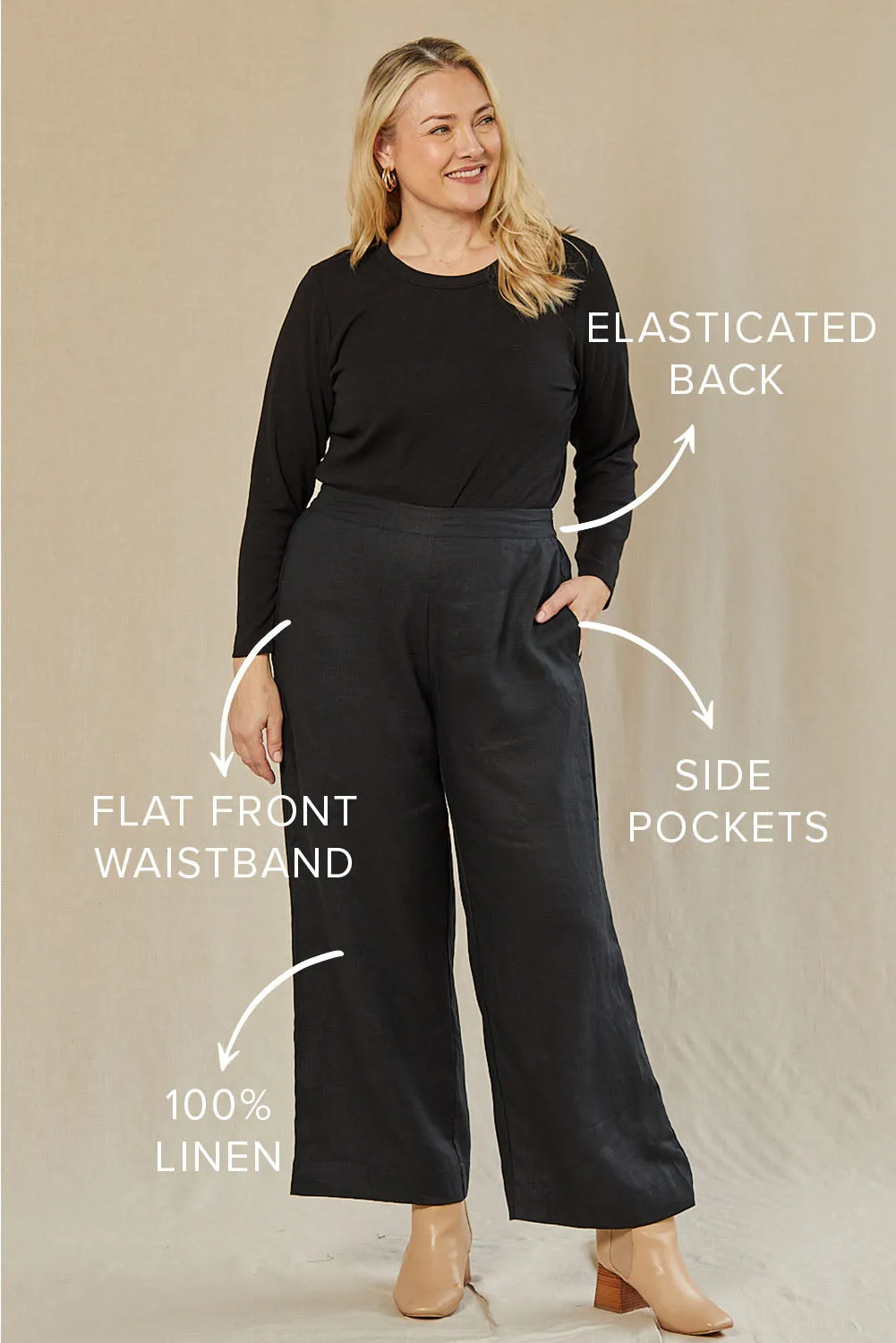 Camille Linen Wide Leg Pant in Black