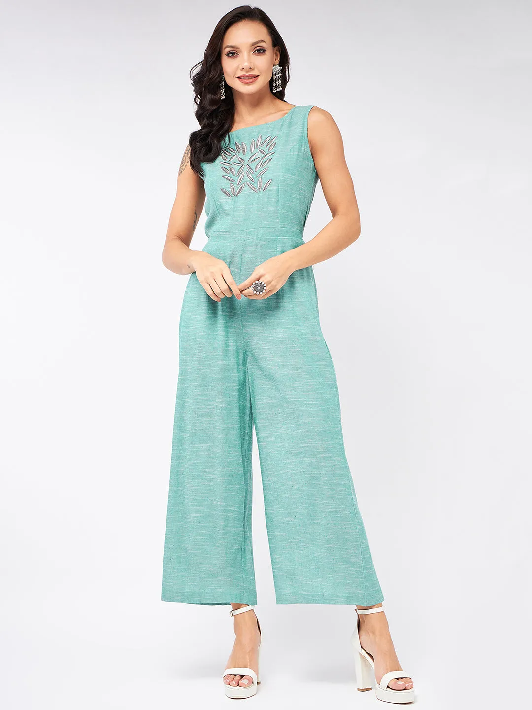 Chambray Front Embroidered Jumpsuit