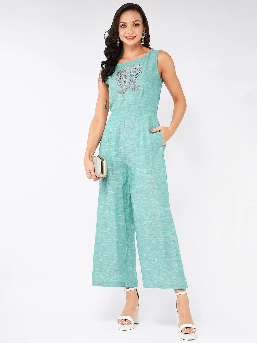 Chambray Front Embroidered Jumpsuit