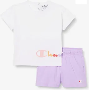 Champion Girls' outfit Legacy American Classics logo T-shirt   Shorts 404686 WW001 WHT white-lavender