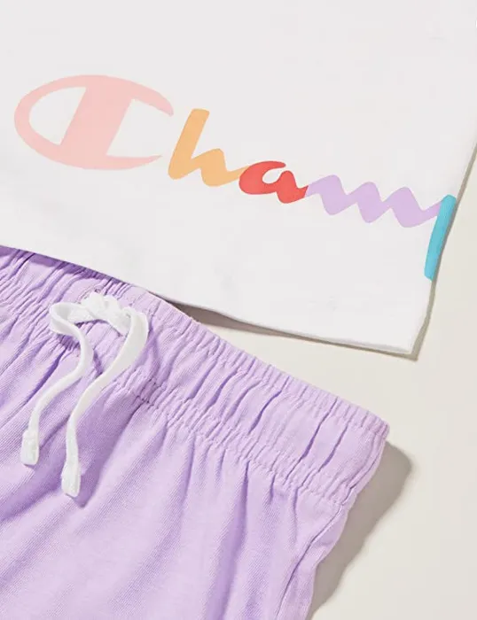 Champion Girls' outfit Legacy American Classics logo T-shirt   Shorts 404686 WW001 WHT white-lavender