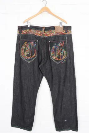 COOGI Rainbow Embroidered Black Denim Y2K Jeans (42x35)