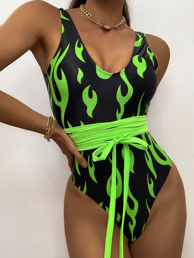 Fire Print Vintage Bandage One Piece Swimsuit