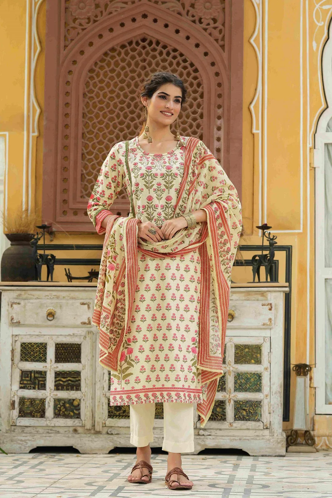 Juniper Ivory Ethnic Motif Printed Rayon Kurta Pants & Dupatta Set.