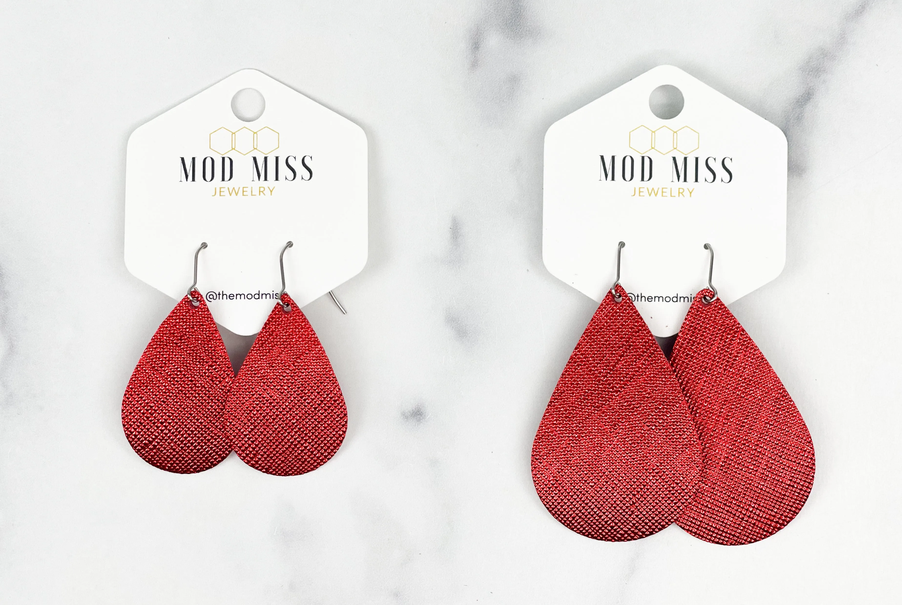 Leather Teardrop Earring Saffiano Metallic Red