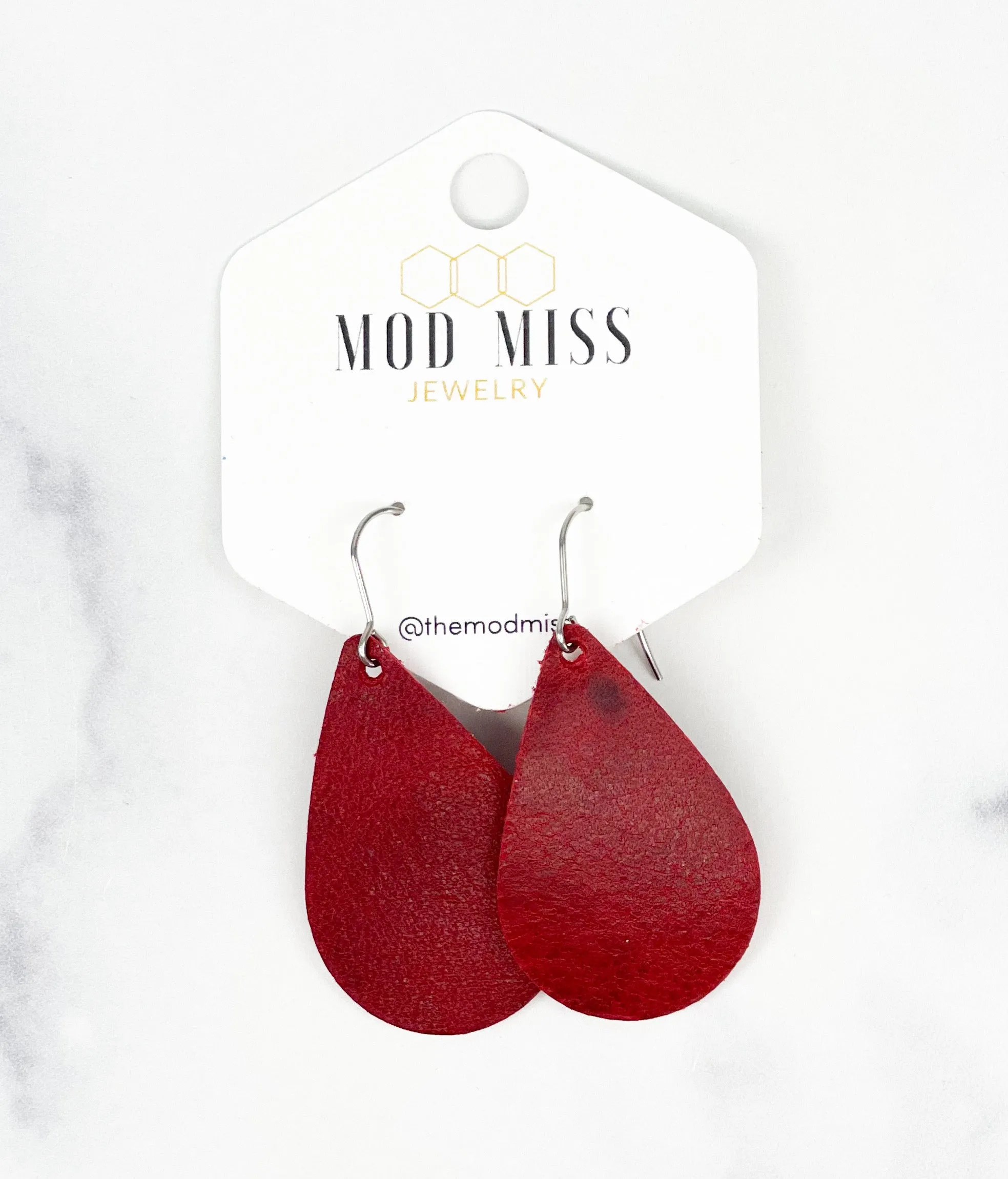 Leather Teardrop Earring Worn Red