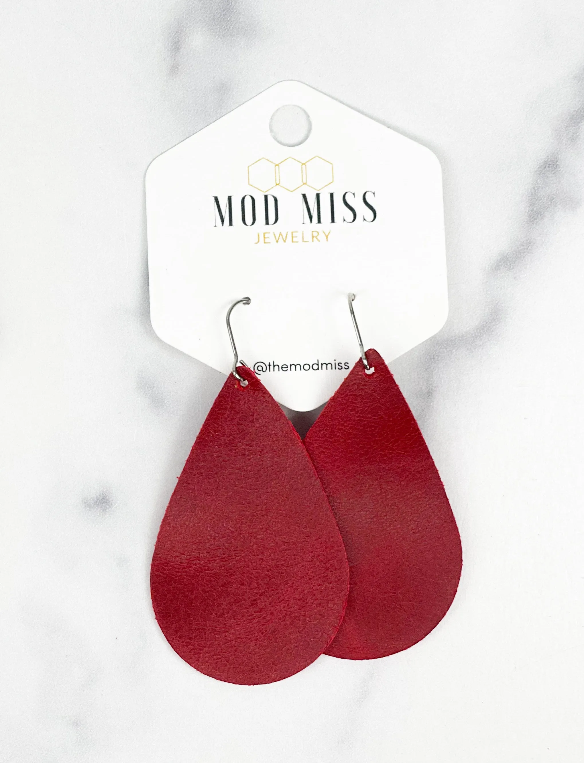 Leather Teardrop Earring Worn Red