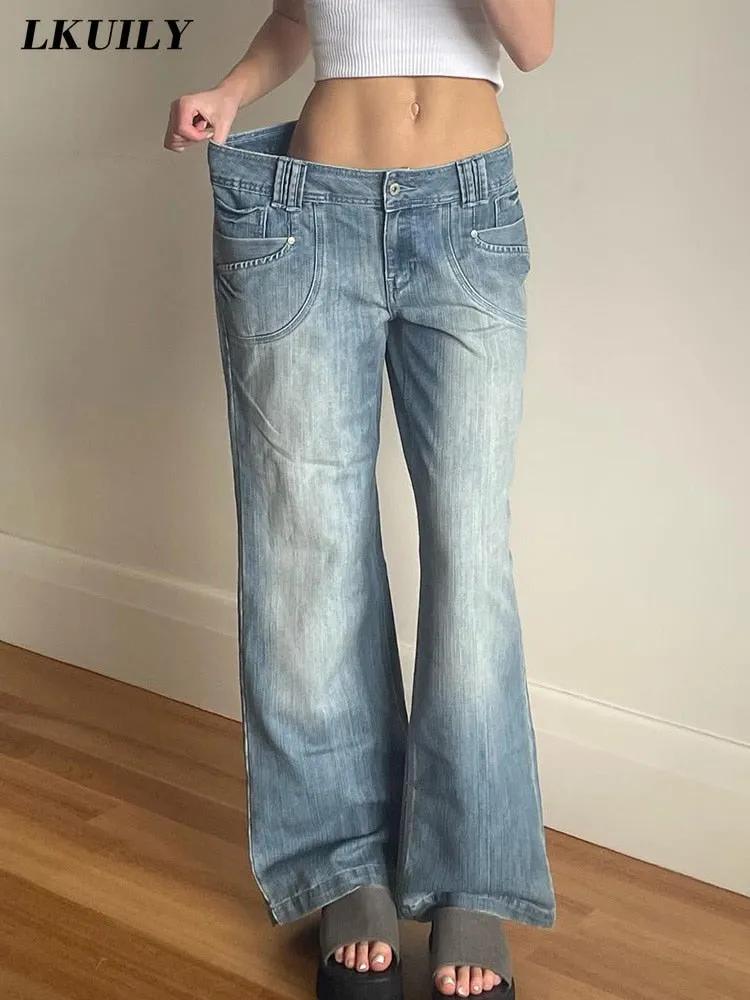 Loose Casual Jeans Mid Waist Y2K Streetwear Aesthetics Solid Baggy Straight