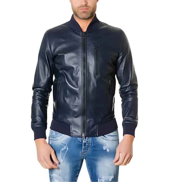 Mens Bomber Blue Leather Plain Jacket