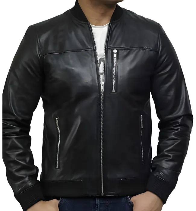 Mens Bomber Blue Leather Plain Jacket