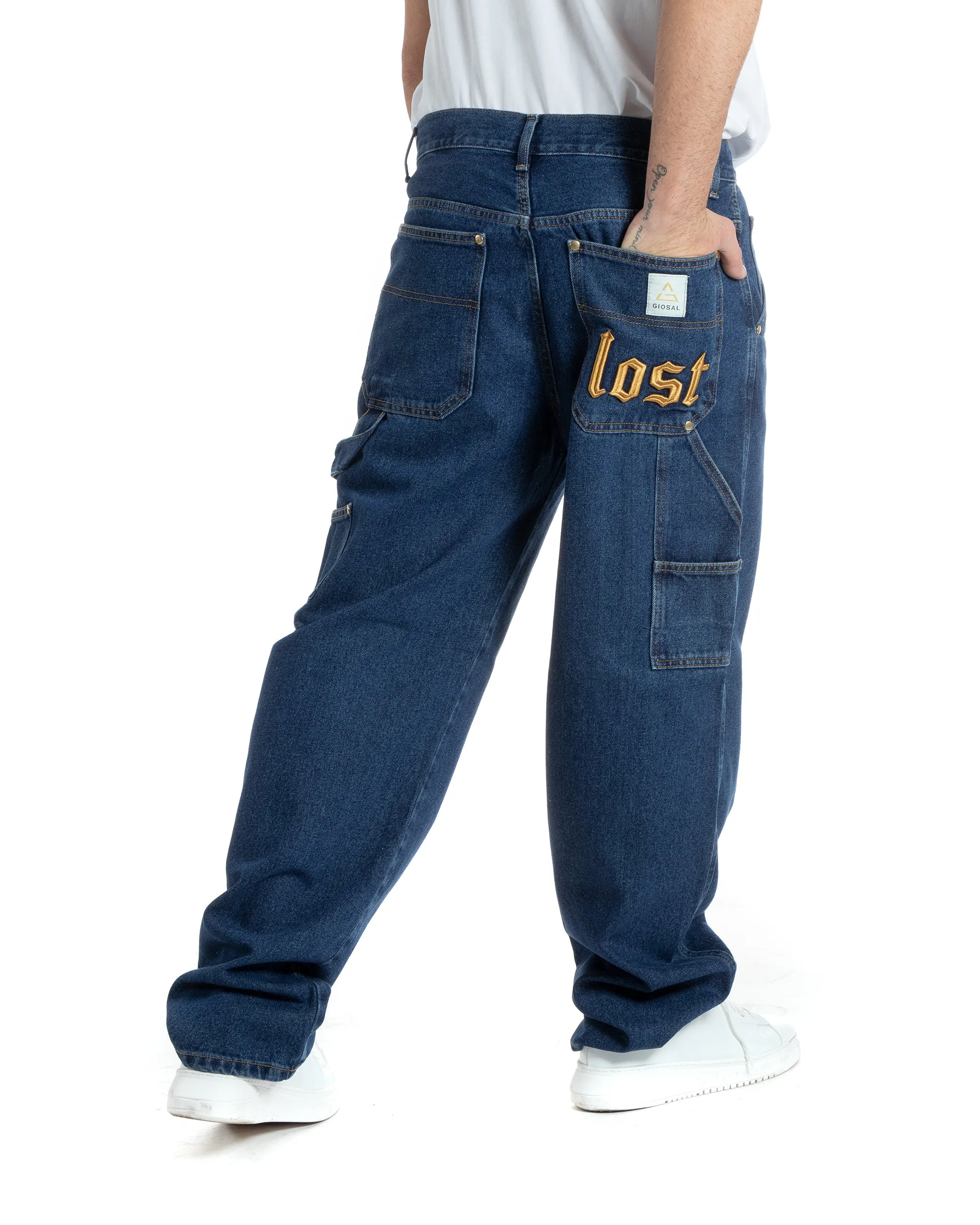 Pantaloni Jeans Uomo Baggy Fit Carpenter Worker Cargo Con Ricamo Denim Scuro GIOSAL-P5992A