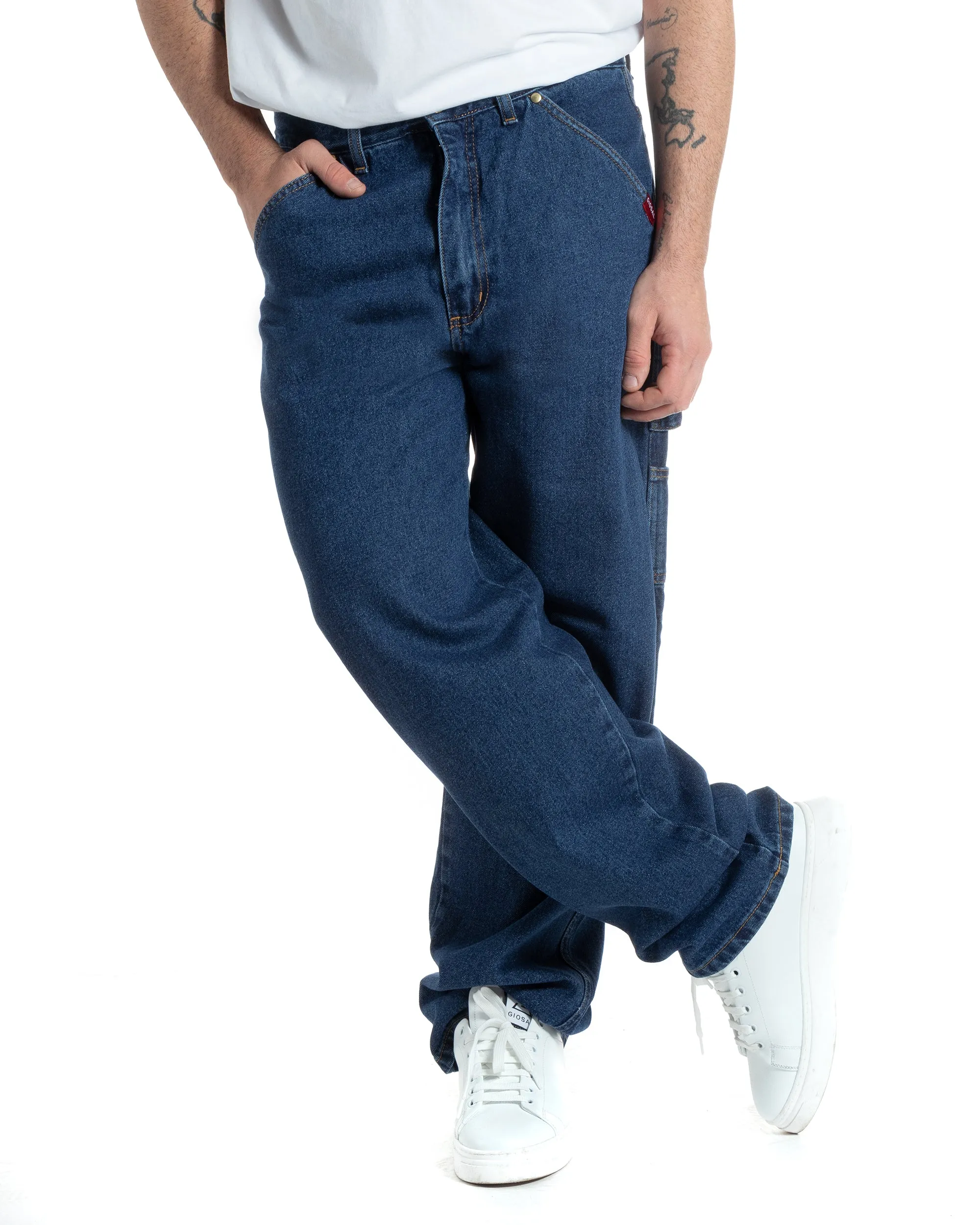 Pantaloni Jeans Uomo Baggy Fit Carpenter Worker Cargo Con Ricamo Denim Scuro GIOSAL-P5992A