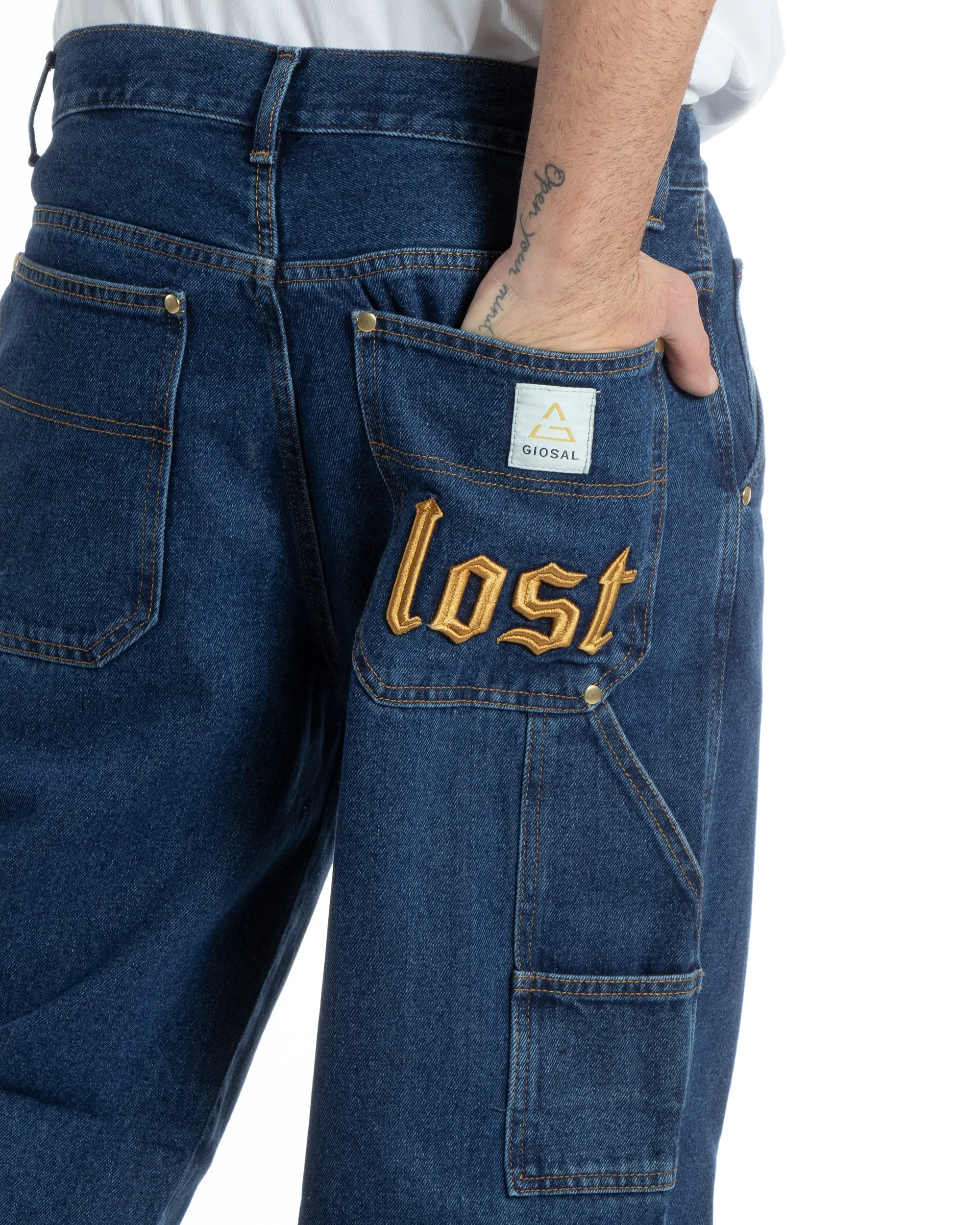 Pantaloni Jeans Uomo Baggy Fit Carpenter Worker Cargo Con Ricamo Denim Scuro GIOSAL-P5992A