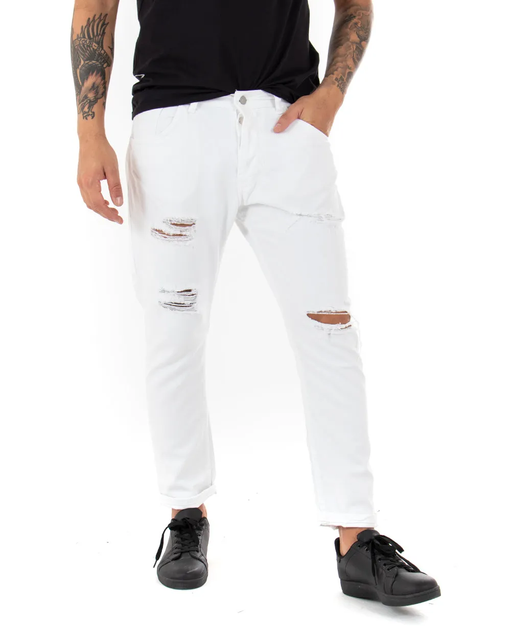 Pantaloni Jeans Uomo Loose Fit Bianco Con Rotture Cinque Tasche Casual GIOSAL-P4091A