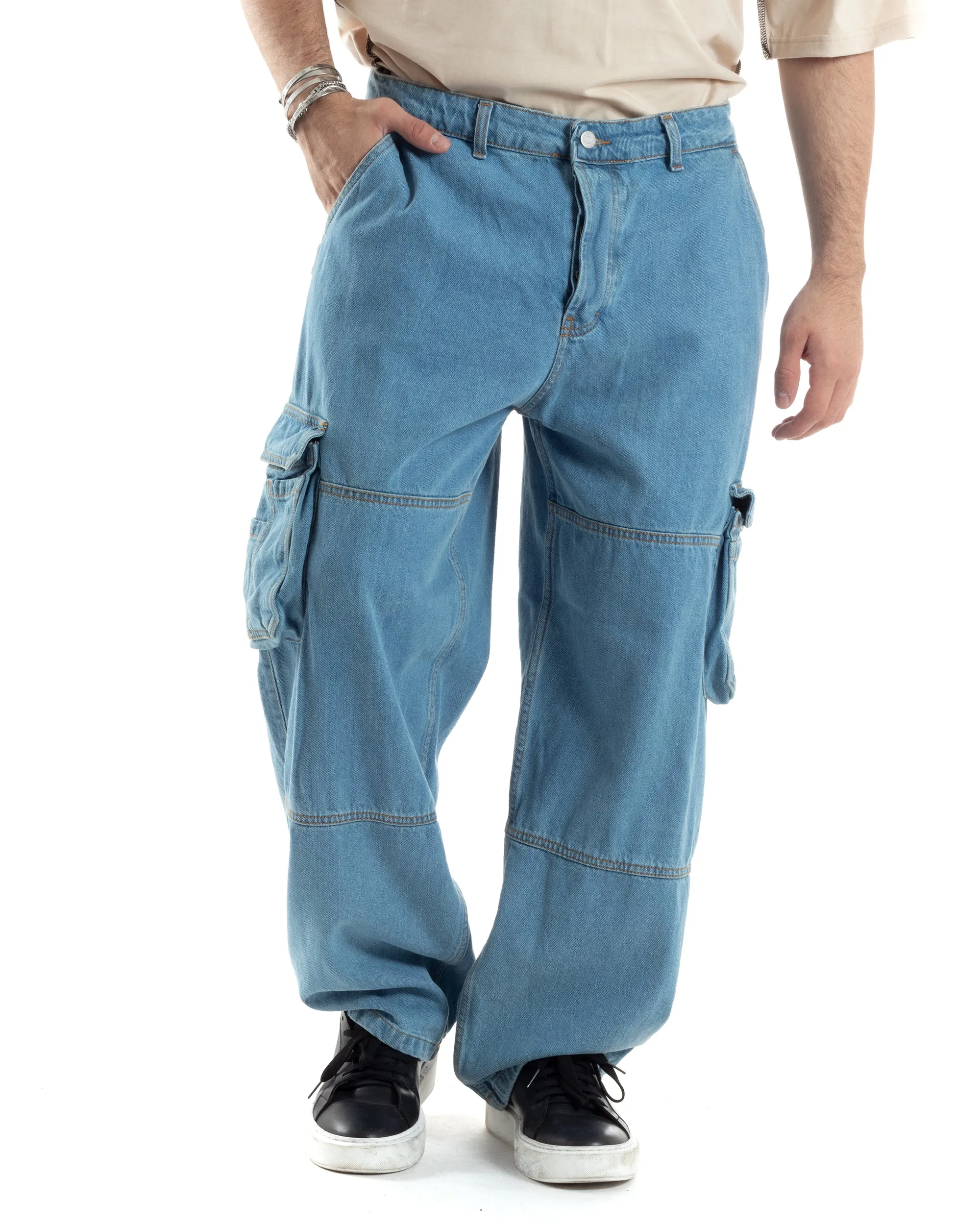 Pantaloni Uomo Cargo Tasconi Jeans Baggy Carpenter Oversize Denim Fondo Largo Ampio GIOSAL-JS1028A