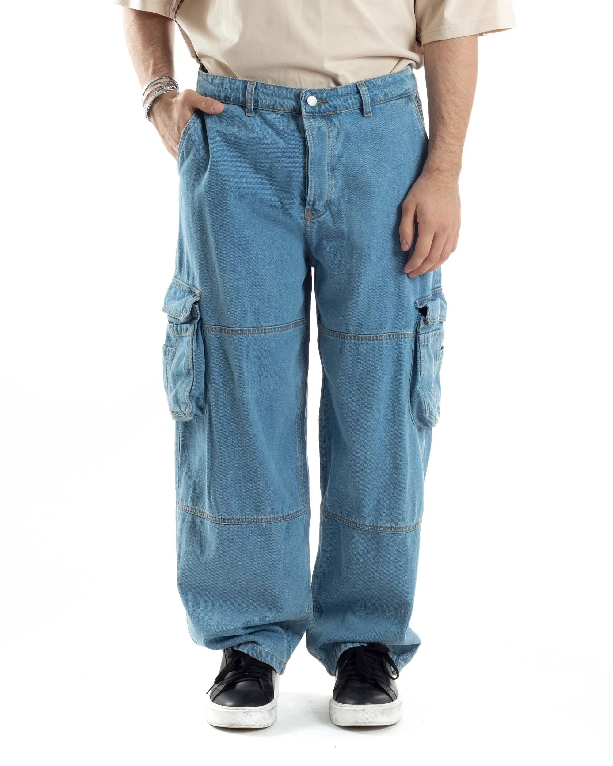 Pantaloni Uomo Cargo Tasconi Jeans Baggy Carpenter Oversize Denim Fondo Largo Ampio GIOSAL-JS1028A