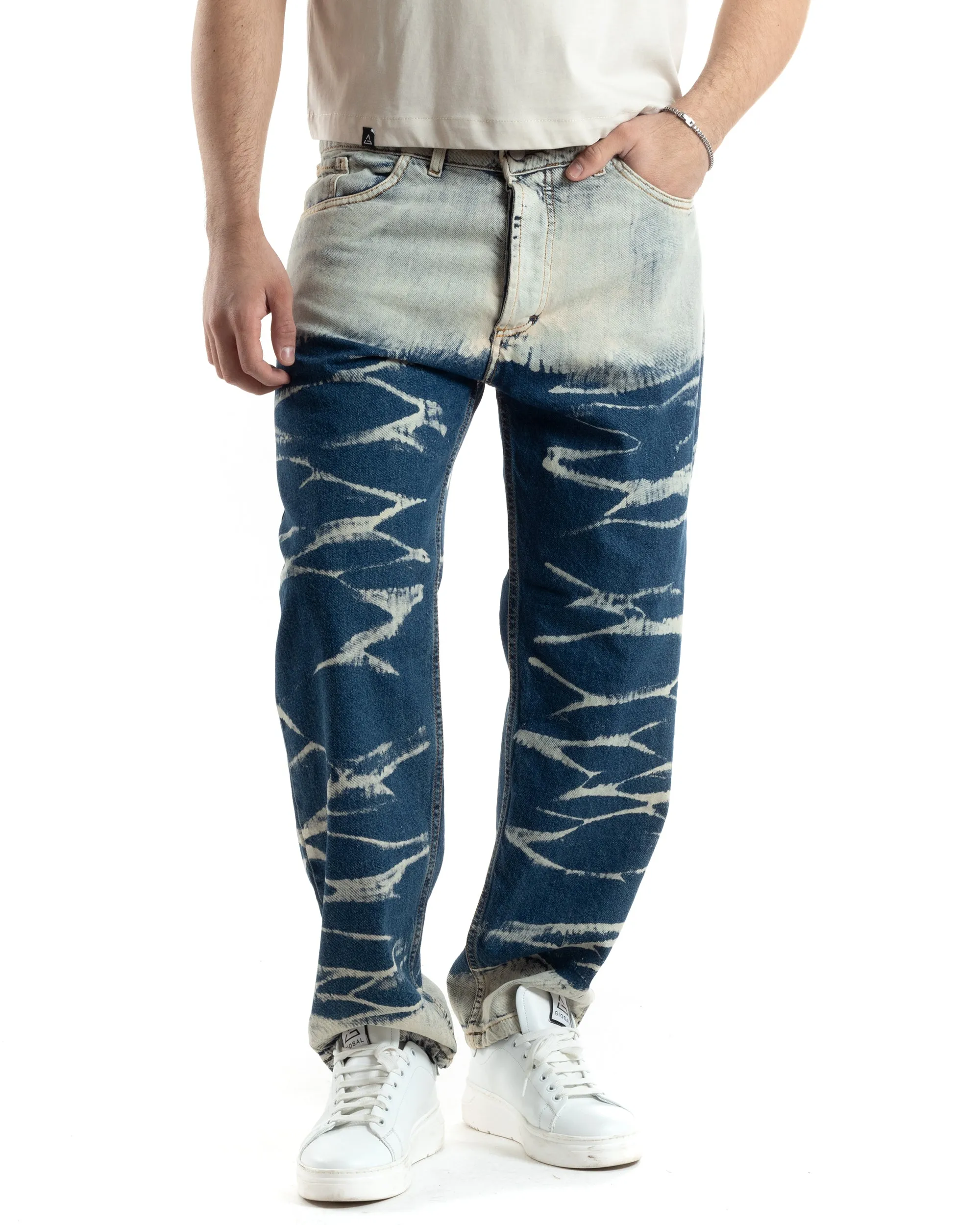 Pantaloni Uomo Jeans Baggy Sabbiato Tie-Dye Denim Fondo Largo Ampio GIOSAL-JS1018A