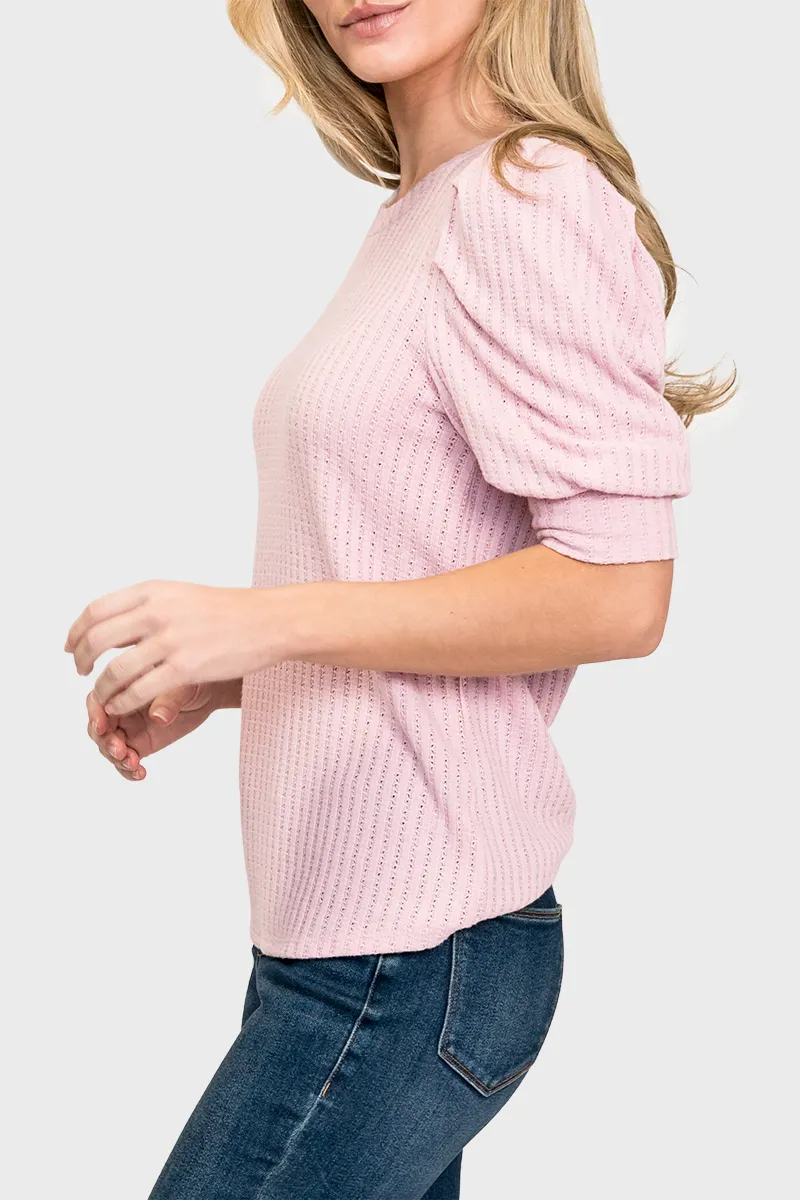 Pointelle Rib Sweater with Pleated Puff Sleeve