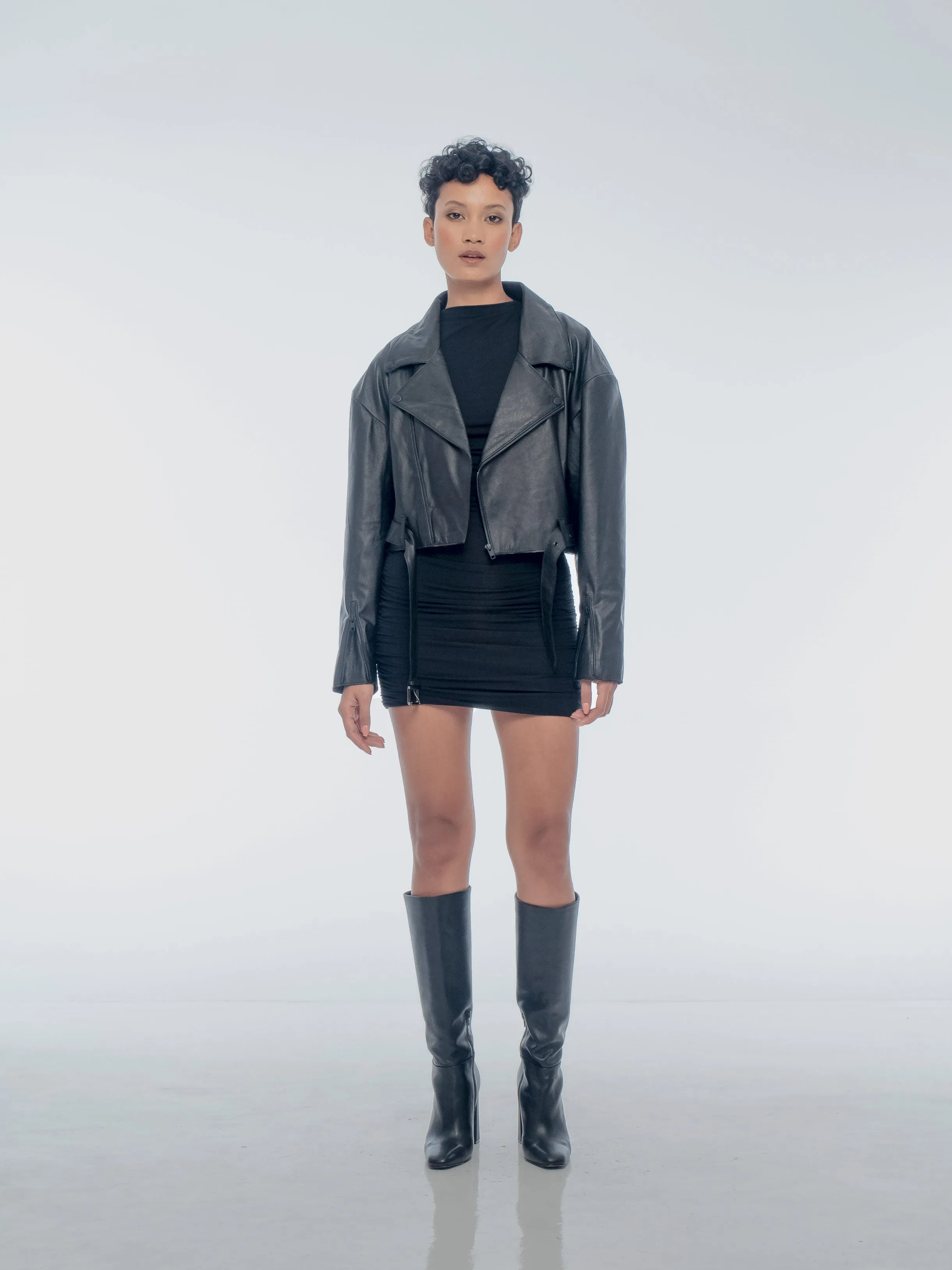 ROSA CROPPED LEATHER BIKER JACKET - BLACK PEBBLE