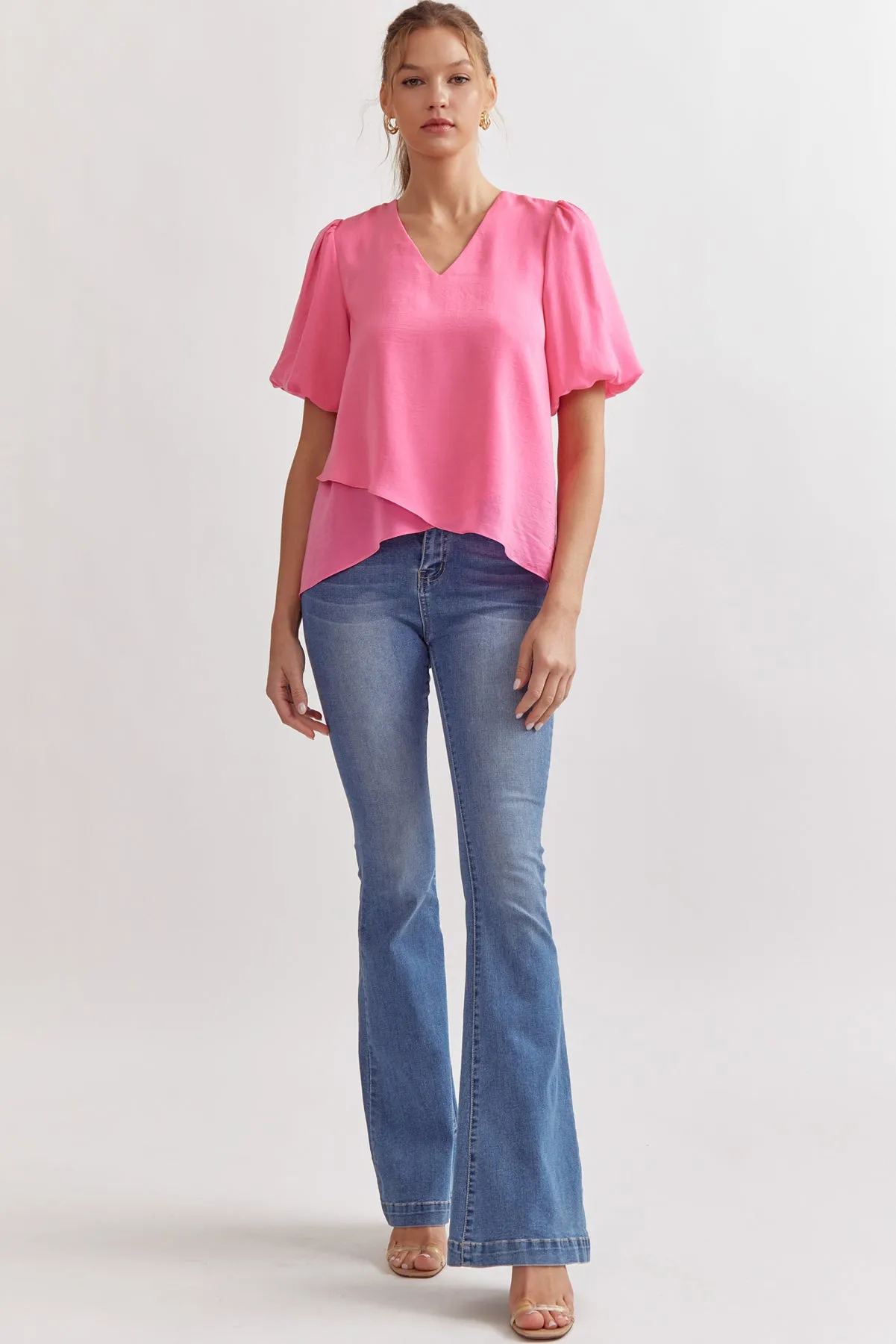 Solid V-Neck Puff Sleeve Short Sleeve Top