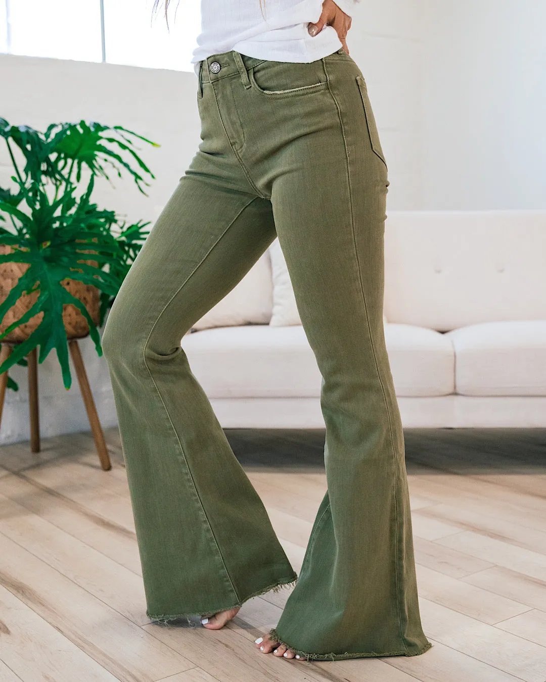 Vervet Devin Non Distressed Flare Jeans - Covert Green