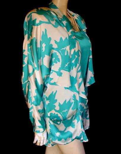 *VINTAGE LILLIE RUBIN TURQUOISE & WHITE SILK TOP & JACKET SET