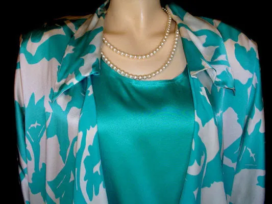 *VINTAGE LILLIE RUBIN TURQUOISE & WHITE SILK TOP & JACKET SET