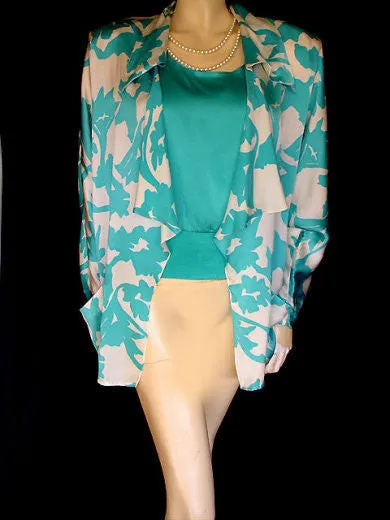 *VINTAGE LILLIE RUBIN TURQUOISE & WHITE SILK TOP & JACKET SET