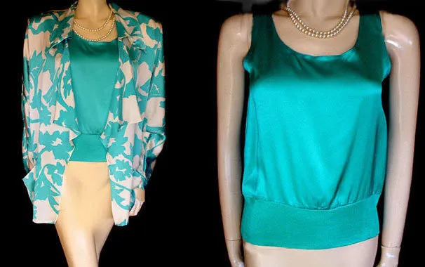 *VINTAGE LILLIE RUBIN TURQUOISE & WHITE SILK TOP & JACKET SET