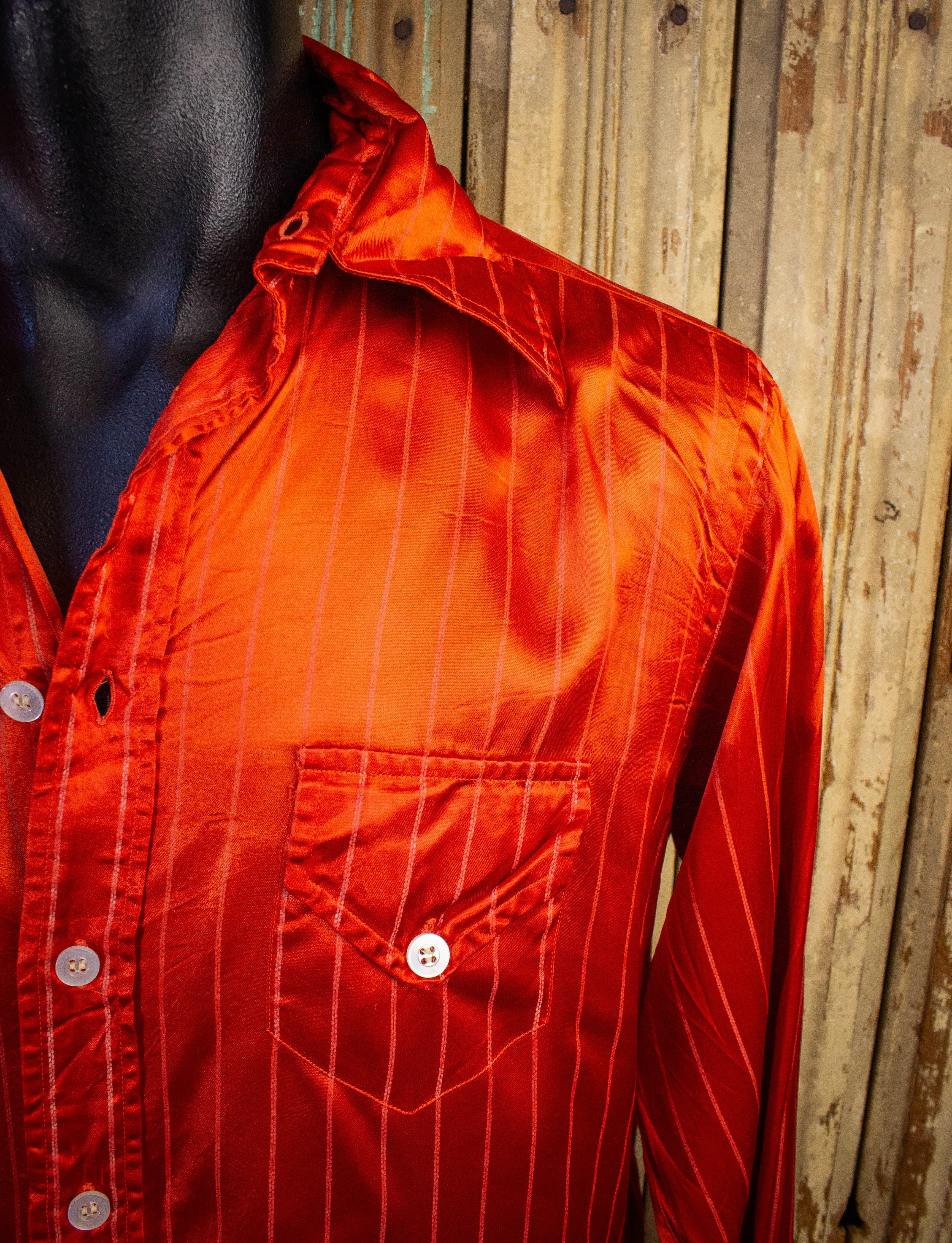 Vintage Striped Orange Satin Button Up Disco Shirt 70s XL