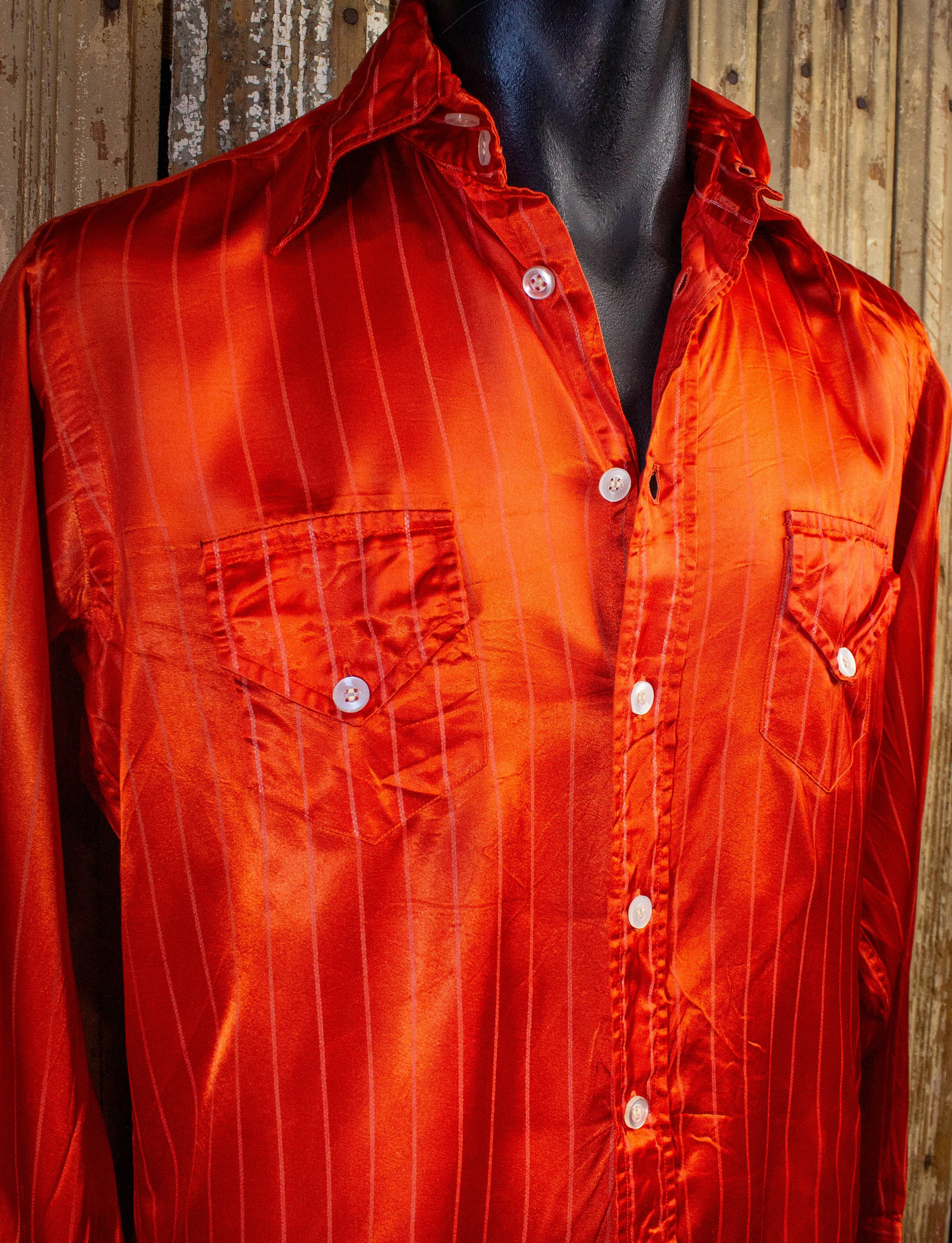 Vintage Striped Orange Satin Button Up Disco Shirt 70s XL